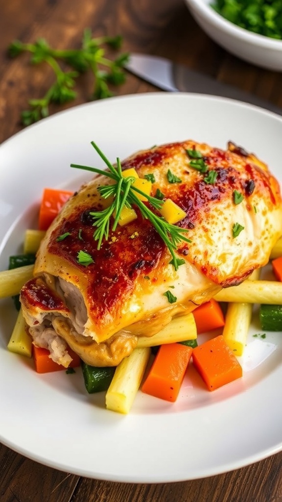 Juicy baked chicken breast garnished with herbs, served with steamed vegetables on a rustic table.